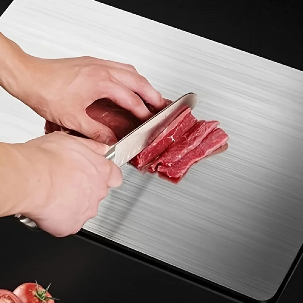 1 confezione di tagliere in acciaio inossidabile con manico, tagliere per alimenti a doppia faccia per tagliare carne, frutta e verdura