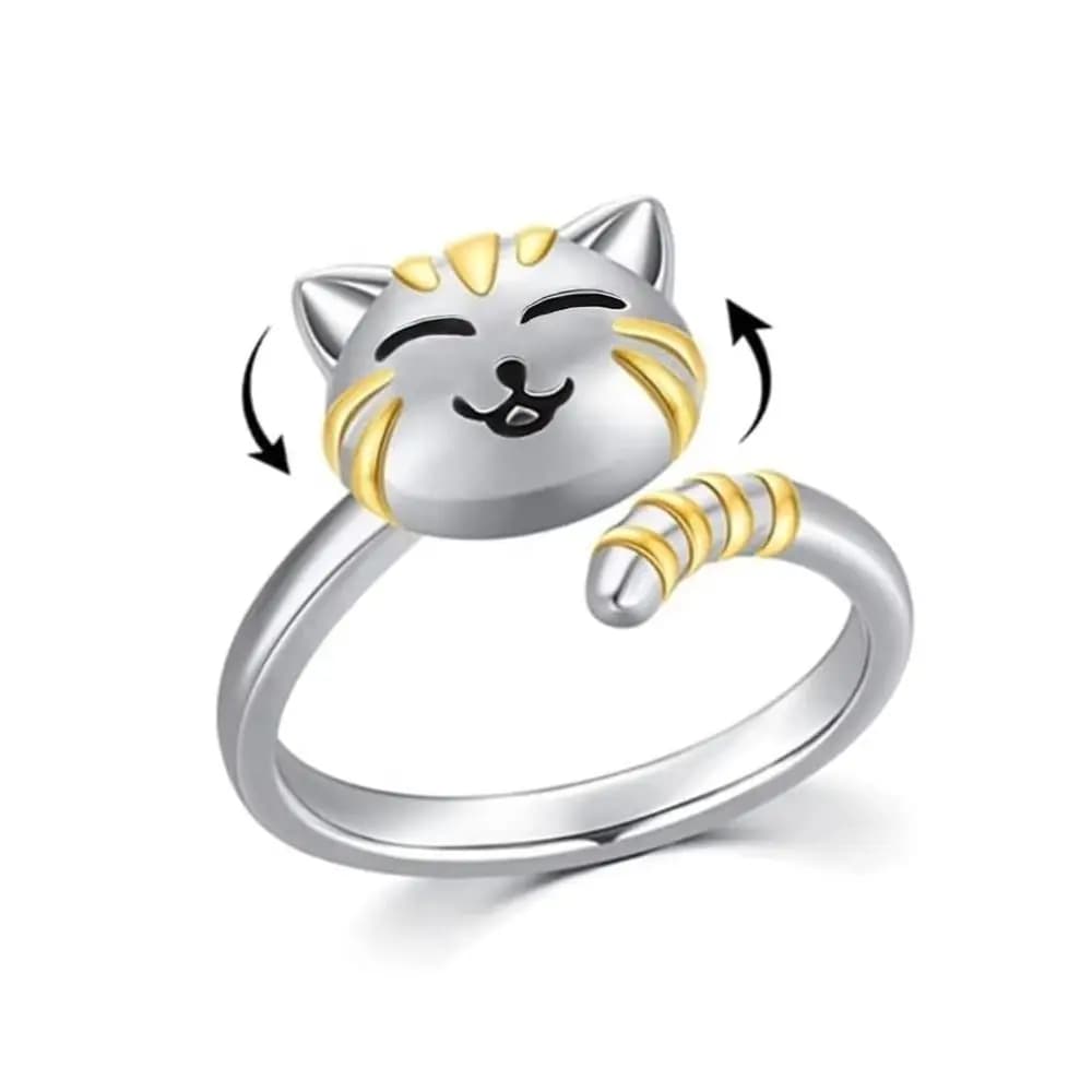 Durable Adjustable Fidget Spinner Rings Gold Silver Animal Cat Kitten Rings Metal Open Rotate Freely Ring Women Girls