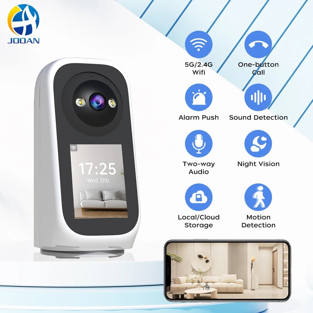 Telecamera IP da Interno Jooan 3MP con Videochiamata e Schermo LED, Rilevamento del Pianto del Bambino, Telecamera di Sicurezza con Tracciamento AI, Monitor per Bambini Domestico