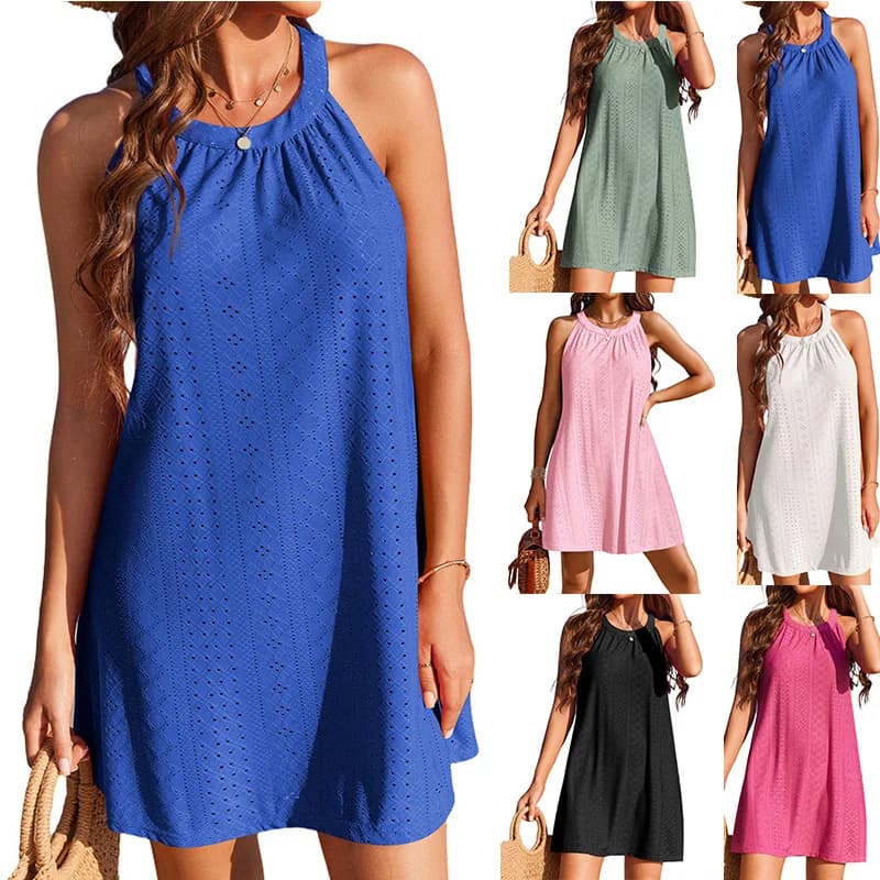 Women's Fashionable Swimwear Cover Up Medium-Length Dress Hollow Hook Needle Sleeveless Beach Dress Vest Bikini Cover Up