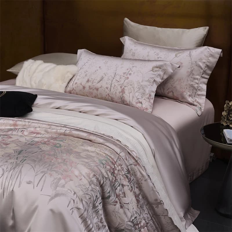 Luxury Botanical Jacquard 1000TC Egyptian Cotton Bedding Set, Soft Silky Satin Duvet Cover Set Flat/Fitted Sheet Pillowcase 4Pcs