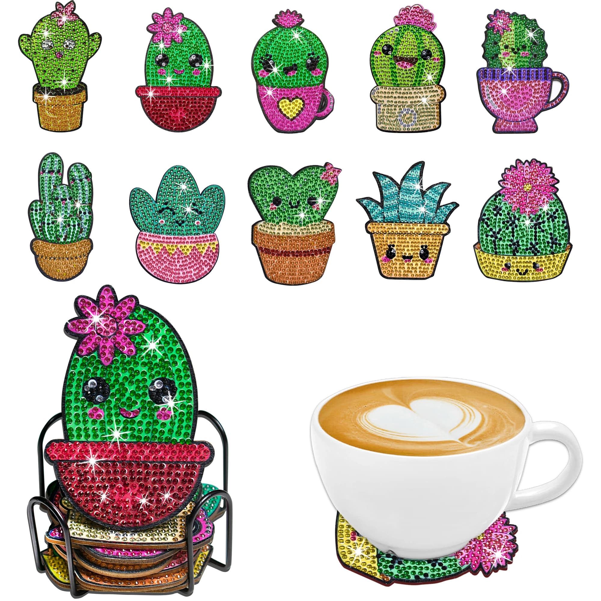 10 pz/set FAI DA TE Pittura Diamante Succulente Sottobicchieri con Supporto di Cristallo Strass Diamante Arte Sottobicchieri Cactus per Adulti