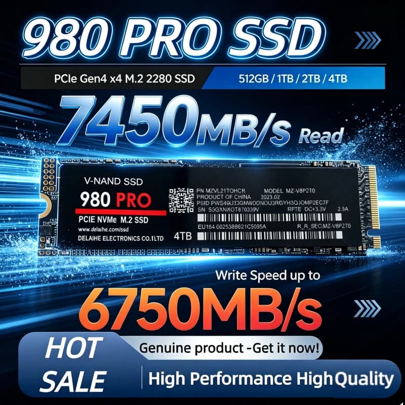 New 980Pro M.2 NGFF PCIe 4.0 SSD Drive, 7450MB/s Read Speed, Internal Solid State High-Speed Storage for Laptop Desktop PC.