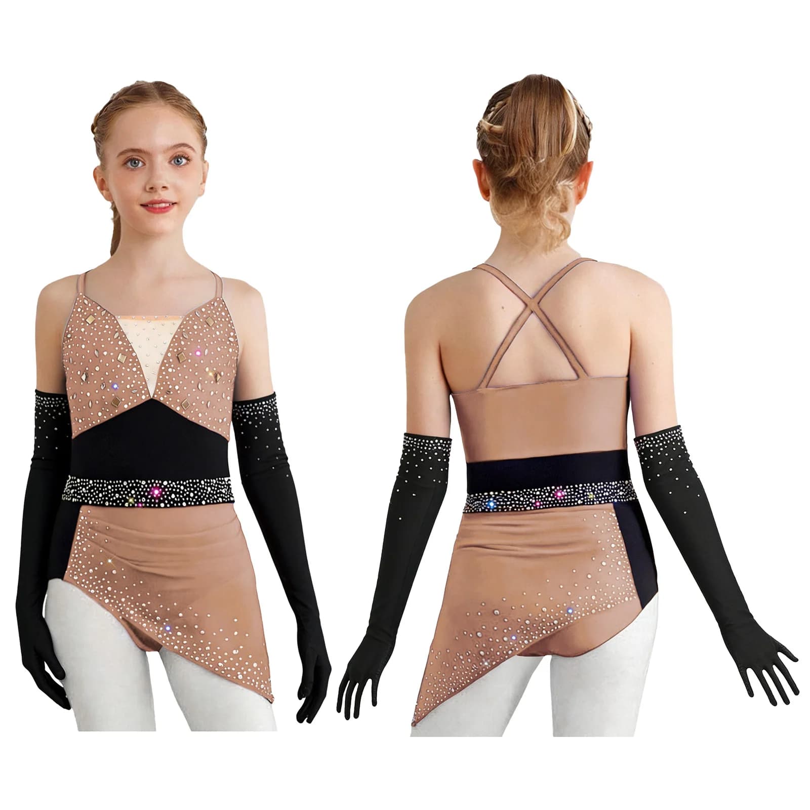 Abito da ballo latino americano per bambine, con spalline incrociate, strass, arricciature e guanti in rete, per performance di salsa e jazz
