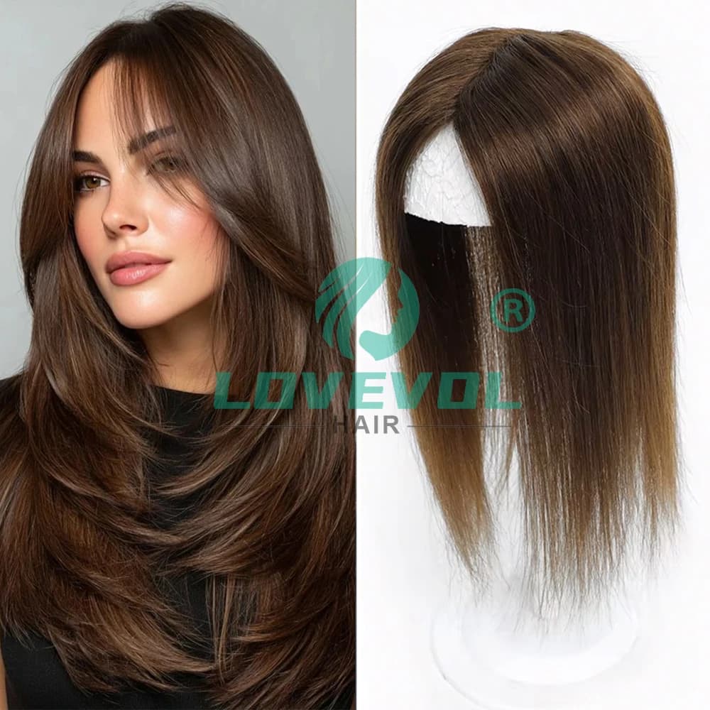 Lovevol Toupet in Vergin Human Hair 12*13cm with Frangia and Clip, Base Effetto Cuoio Capelluto for Women with Roasted Hair