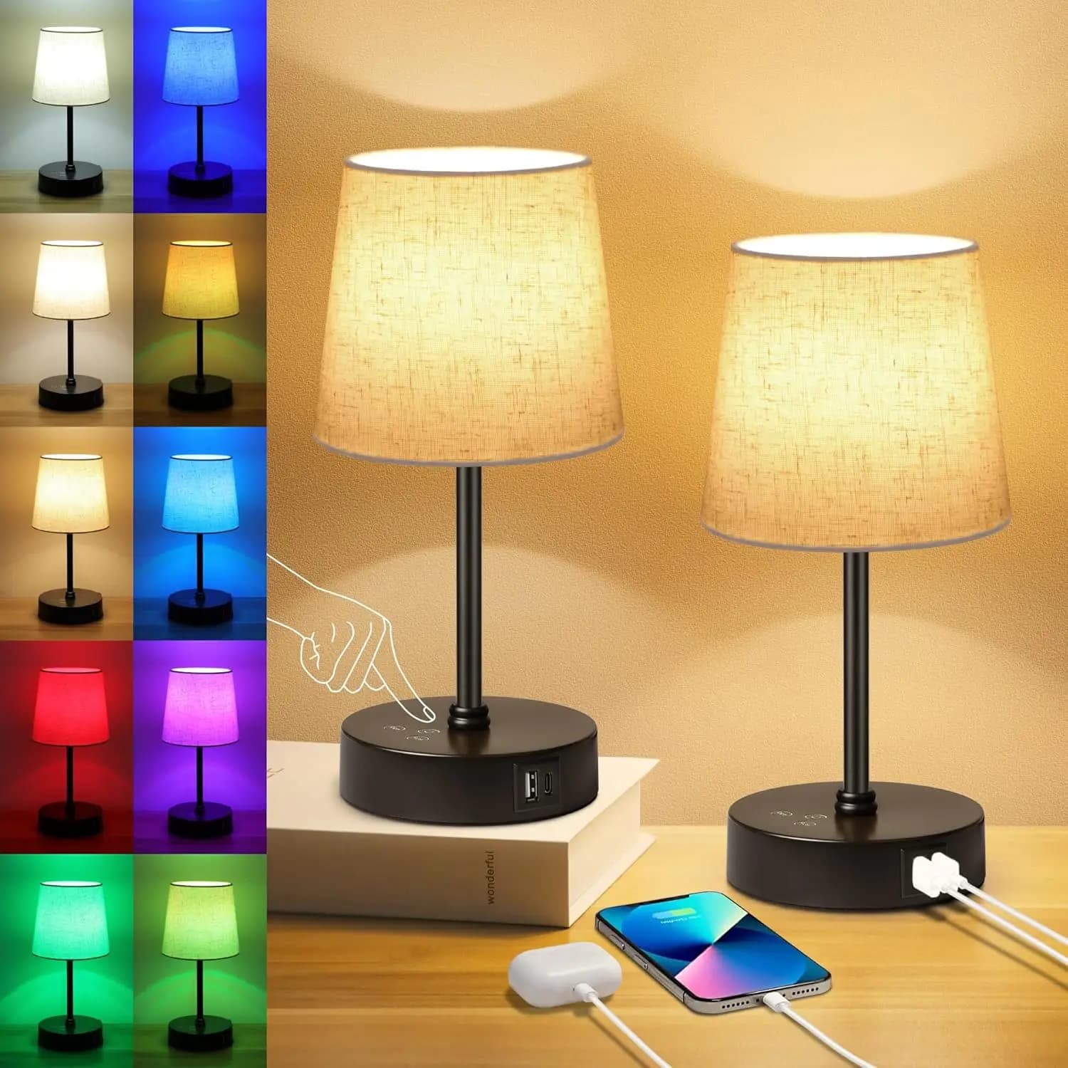 Set di 2 Lampade da Comodino RGB con Cambio Colore, Controllo Touch Dimmerabile con Porte USB-C/A per Camera da Letto e Soggiorno
