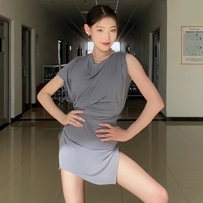 Abito da spettacolo latino estivo Abito da ballo con volant grigio per adulti Donna Abbigliamento da allenamento standard per tango Abiti da pratica per ballerini VDL3305