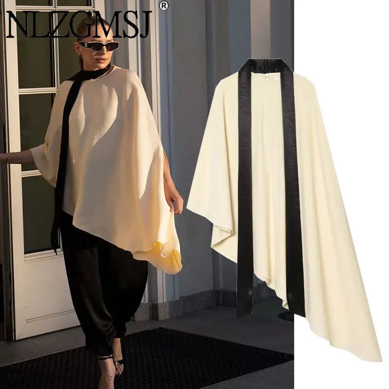 Nlzgmsj 2026 Elegant Women Asymmetric Hem Blouse With Long Scarf Decor Loose Casual Shirt For Daily Party Streetwear