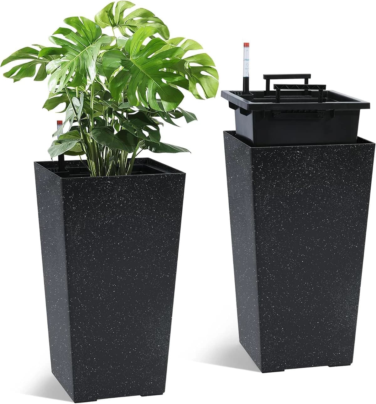 Set of 2 rectangular planters, large plant pots with drainage holes and water level monitor for environments with porch, indoor and outdoor patio