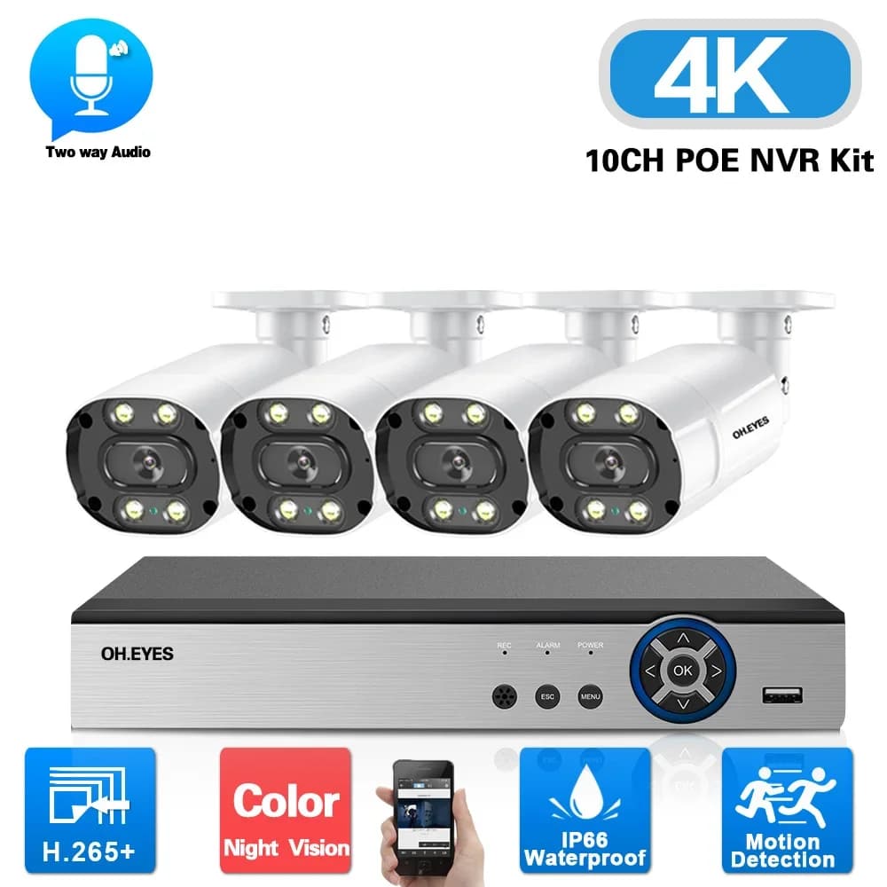 4K POE Security Bullet Camera Kit 4CH NVR 8CH IP Cameras Outdoor Color Night Vision CCTV Video Surveillance System Kit XMEYE