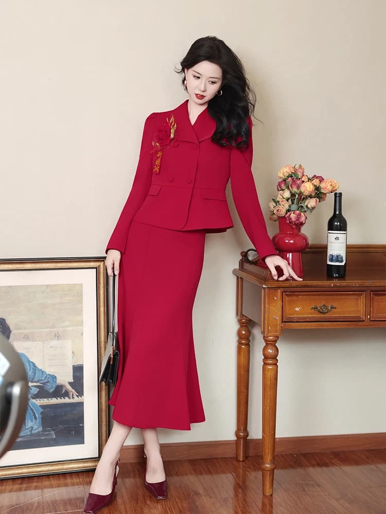 Red Wedding Dress Set Spring Autumn New Bride Two-Piece Suit Return Home Ceremony High Waist Midi Skirt Elegant Fashion Women...