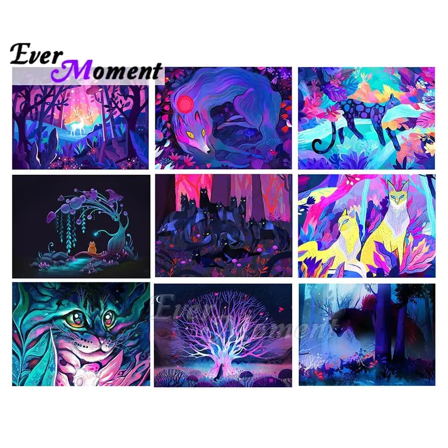 Ever Moment Diamond Painting Embroidery Cross Stitch Room Decoration Colorful Animal Wolf Leopard Cat Fantasy Purple DIY ASF2336