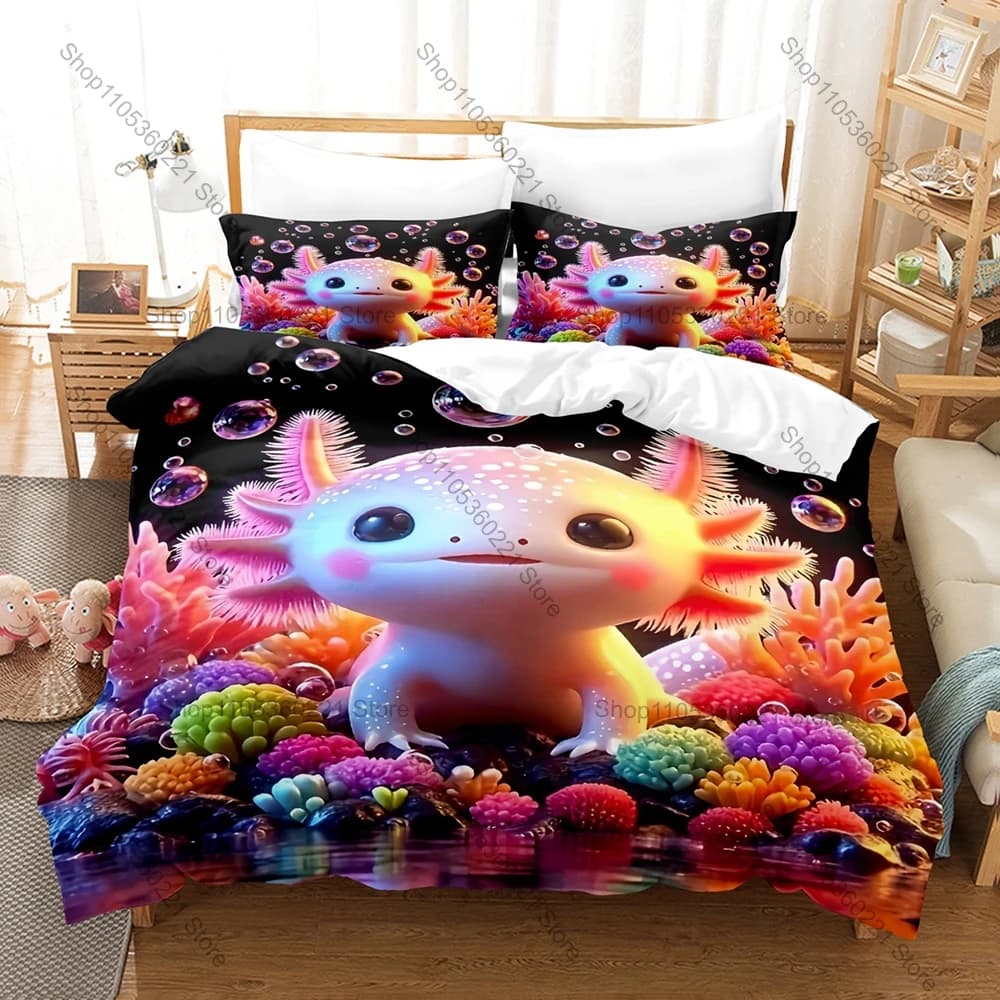 2026 Adorable Axolotl Pattern 3 Piece Bedding Set Soft Washable Duvet Cover for Kids Dorm Room Bedroom Home Textile New bed set