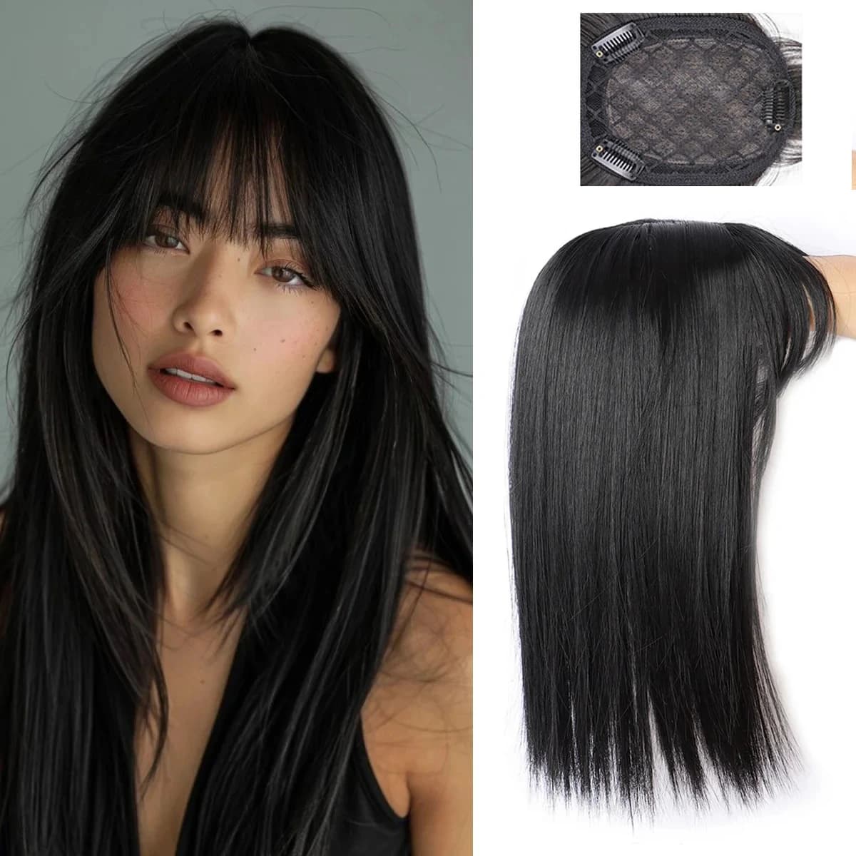 Topper per capelli sintetici lisci da 14'' con frangia, extension volumizzanti naturali per donna