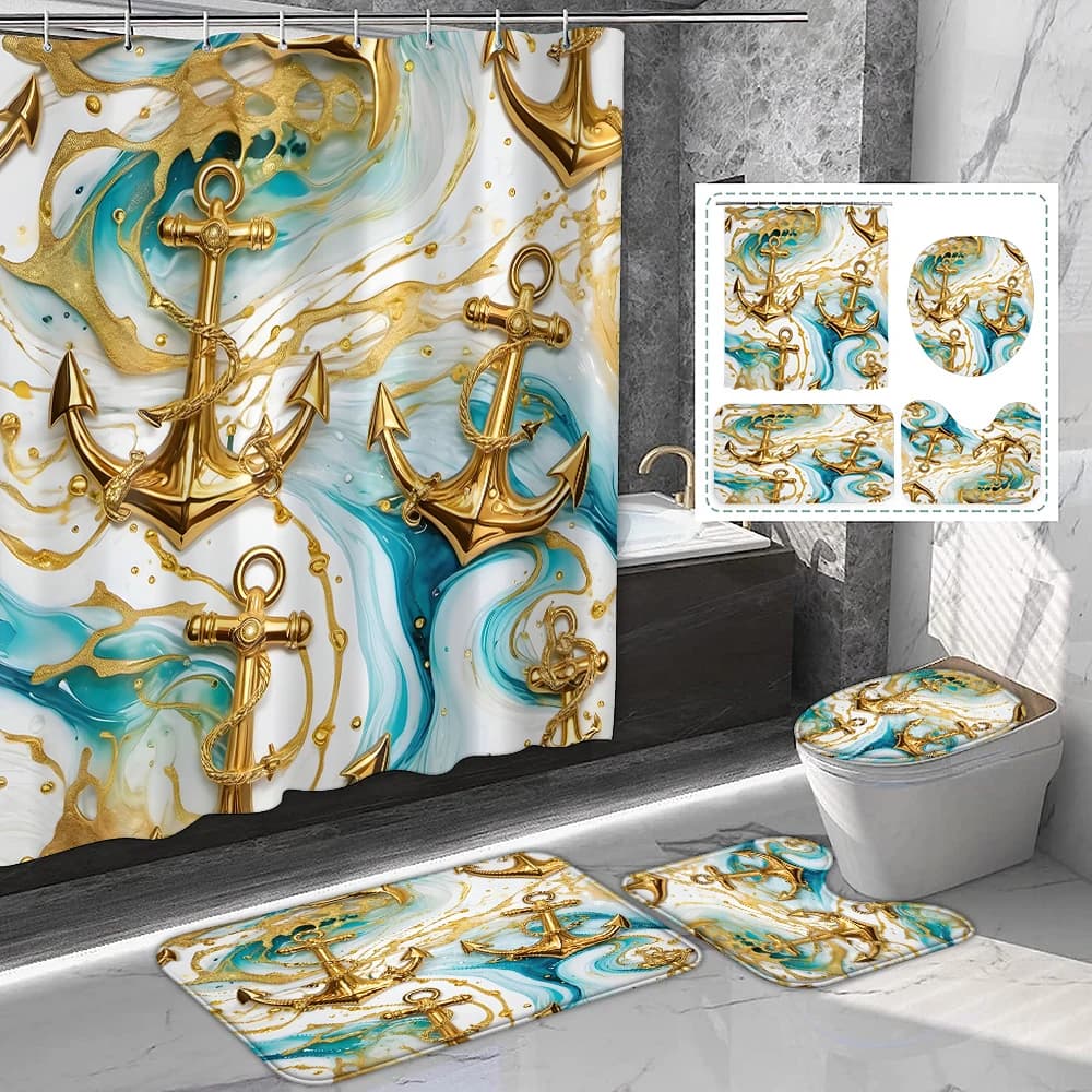 1 set di tende da doccia stampate blu e bianche con ancoraggio dorato con ganci, tappetino da bagno per WC, forniture per il bagno