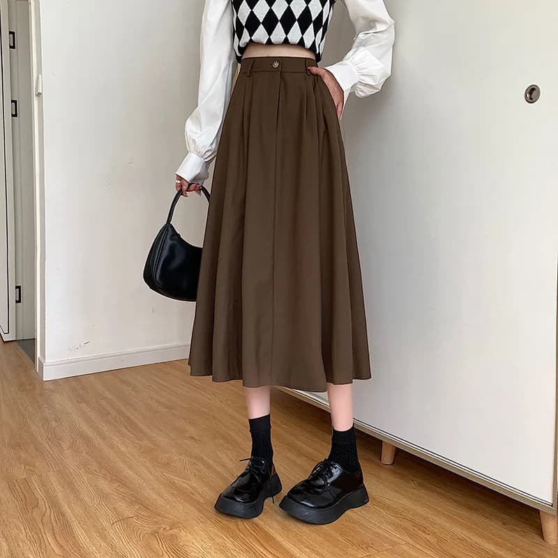 Women Vintage High Waist A Line Midi Skirt Pleated Swing Casual Long Skirts