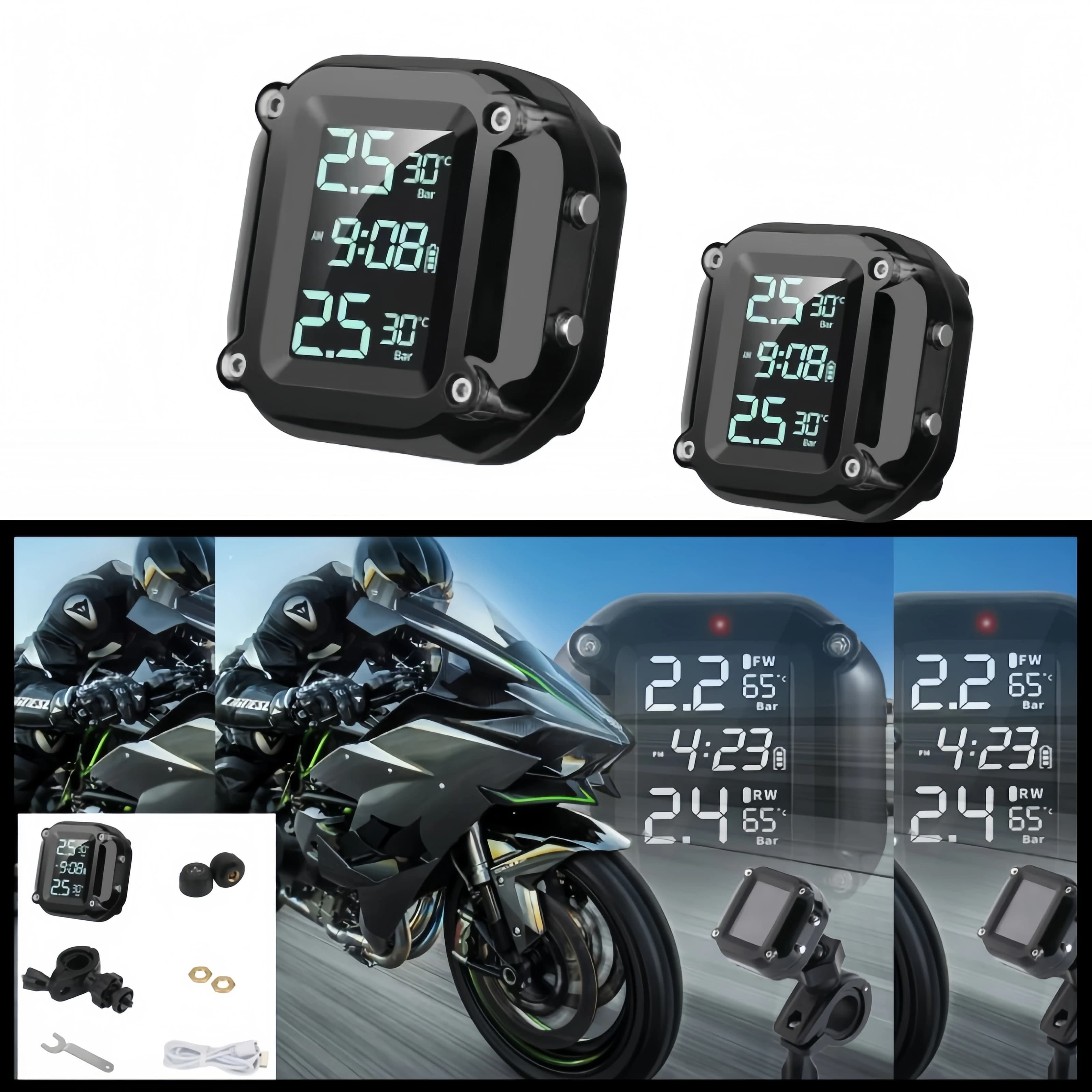 Avvisi in tempo reale TPMS wireless per moto Display LCD impermeabile Sensori esterni Sistema di monitoraggio della temperatura della pressione dei pneumatici