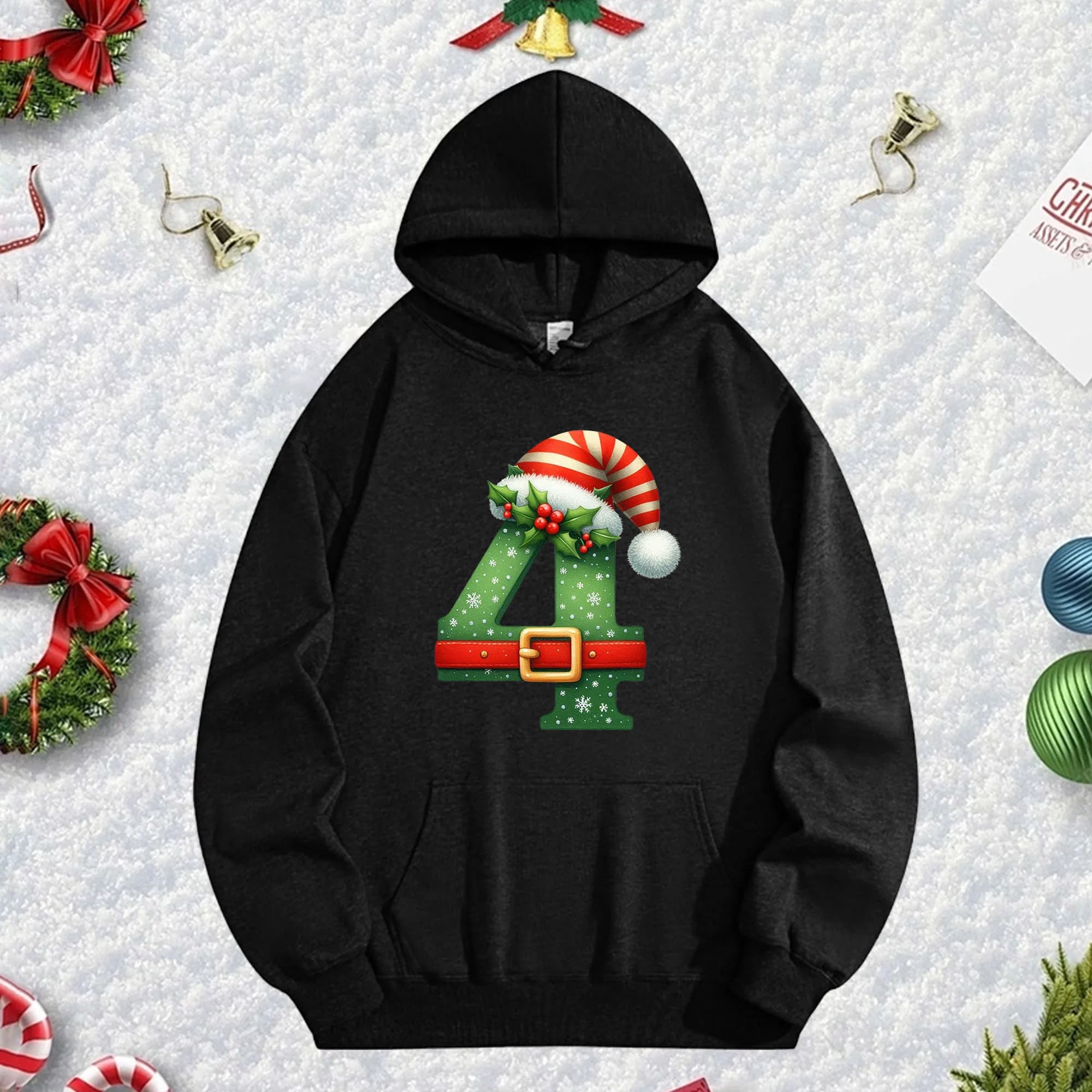 Felpa con cappuccio nera Christmas 4 270G per uomo e donna, comodo pullover in pile oversize per Natale autunno/inverno Capodanno