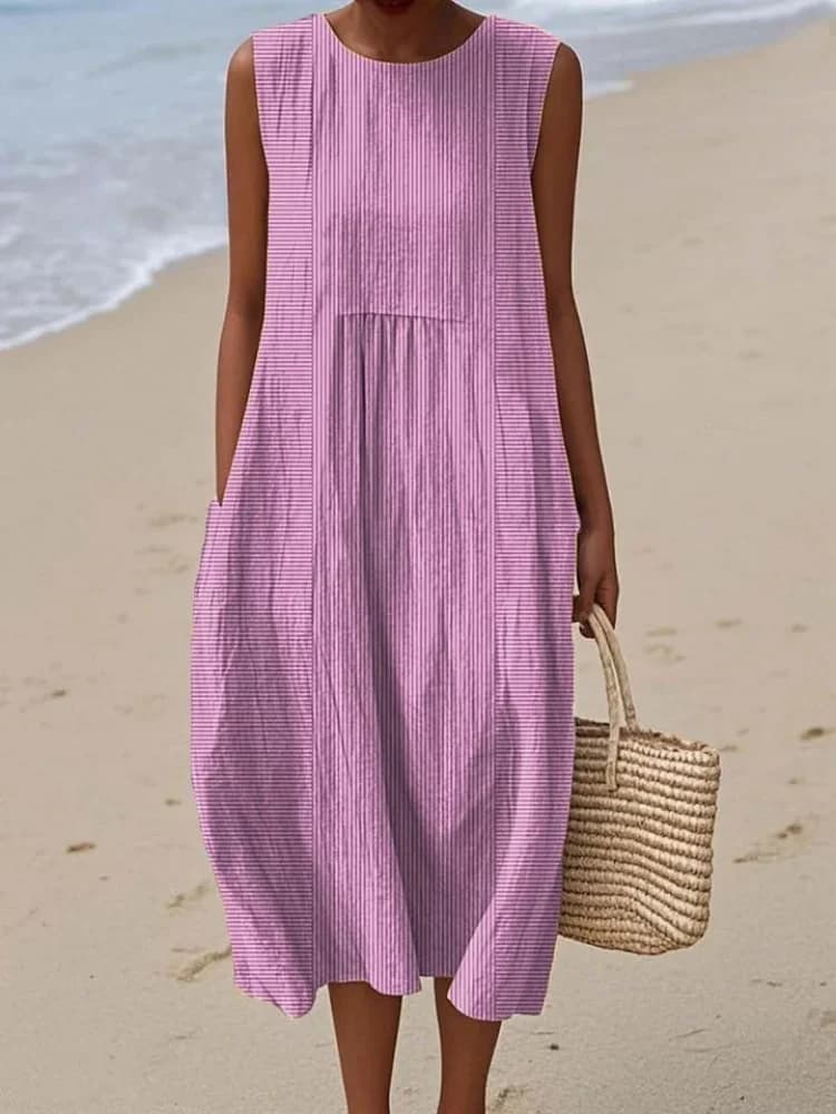 Vestito da donna vintage con stampa artistica a righe geometriche, senza maniche, con tasche, modello avvolgente, taglie forti, vestito midi estivo ampio per le vacanze