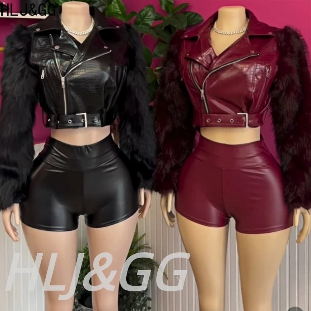 HLJ&GG Tendenza Moda Pelliccia Patchwork Giacca di pelle Set da due pezzi Cappotto a maniche lunghe da donna e pantaloncini Outfit Y2K Streetwear femminile