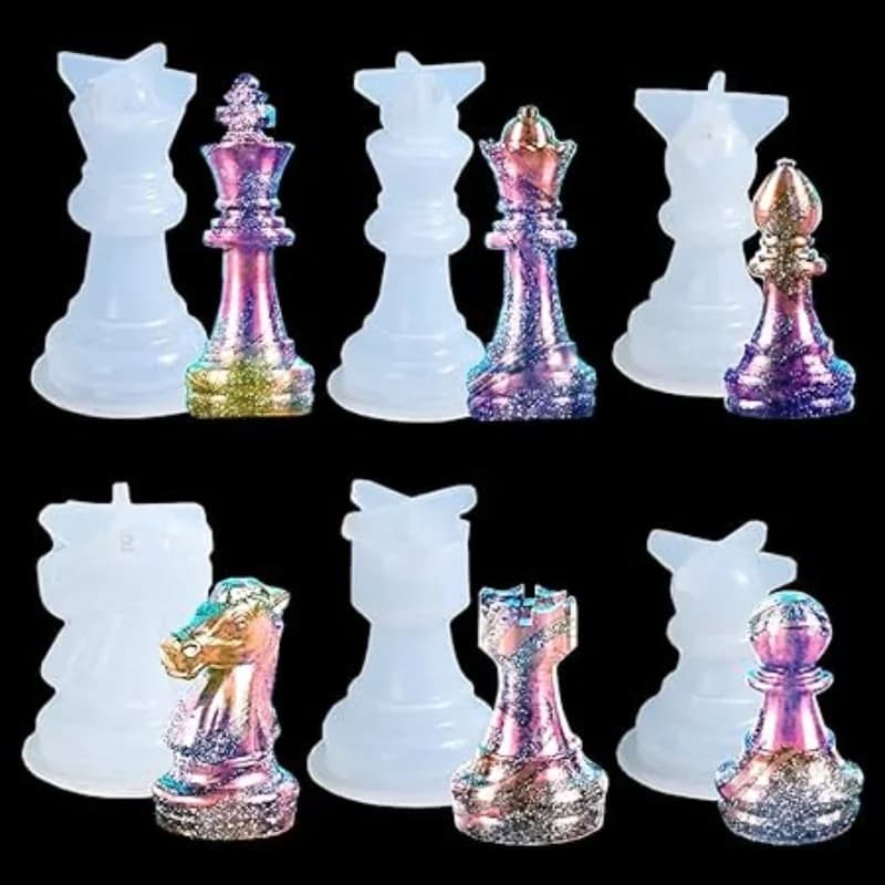 6PCS Stampi in resina per scacchi Set Stampi in silicone per pezzi degli scacchi internazionali 3D per colata di resina Stampi in silicone epossidico per artigianato fai-da-te Che