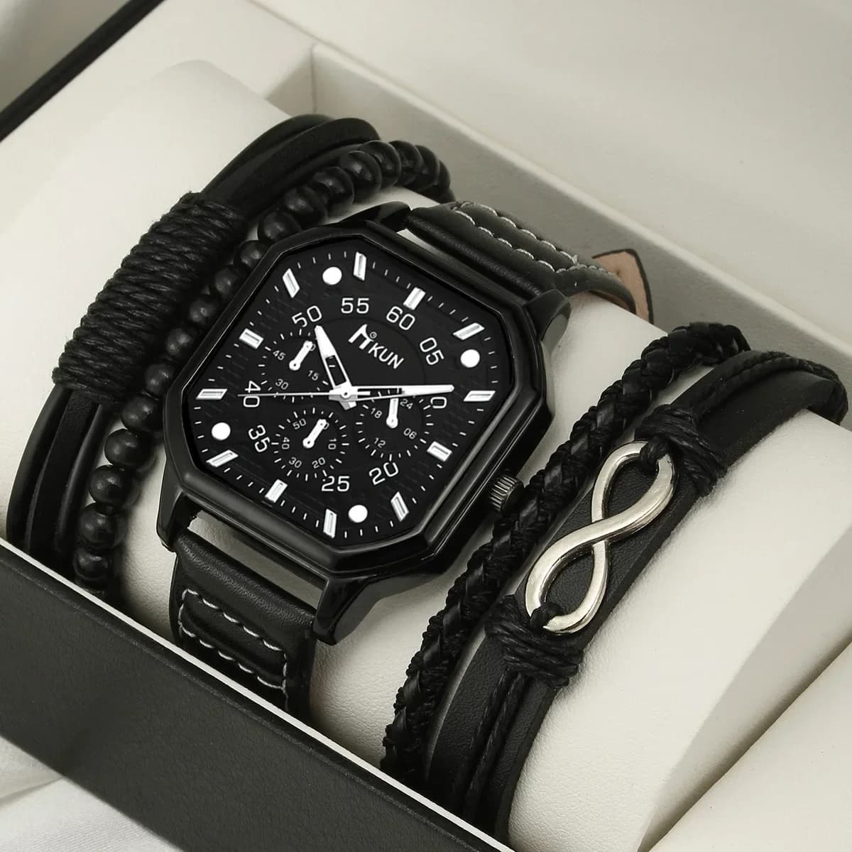 5 pz/set nuovi uomini orologi al quarzo bracciali set casual cinturino in pelle PU freddo orologio nero quadrante grande orologio sportivo quadrato orologi da polso