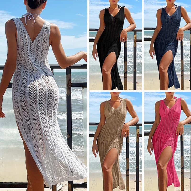 2024 Summer Ladies Vacation Digging Out Veste Woman Chic Solid Knitted Maxi Dress Fashion Sleeveless Sexy Beach Cover Up Dresses