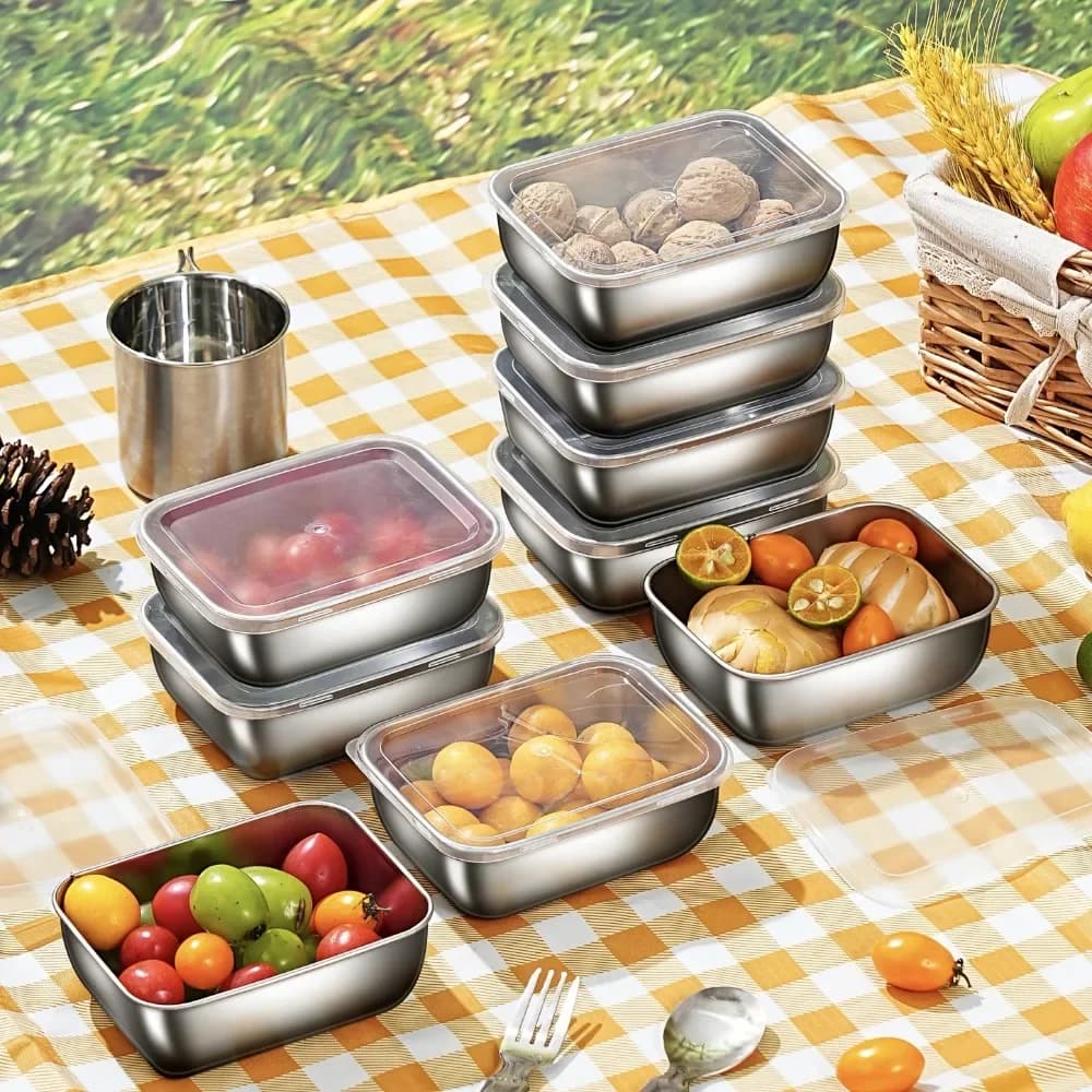 2 contenitori per alimenti in acciaio inossidabile con coperchi, per picnic all'aperto, preparazione dei pasti, conservazione del frigorifero, organizzazione della cucina