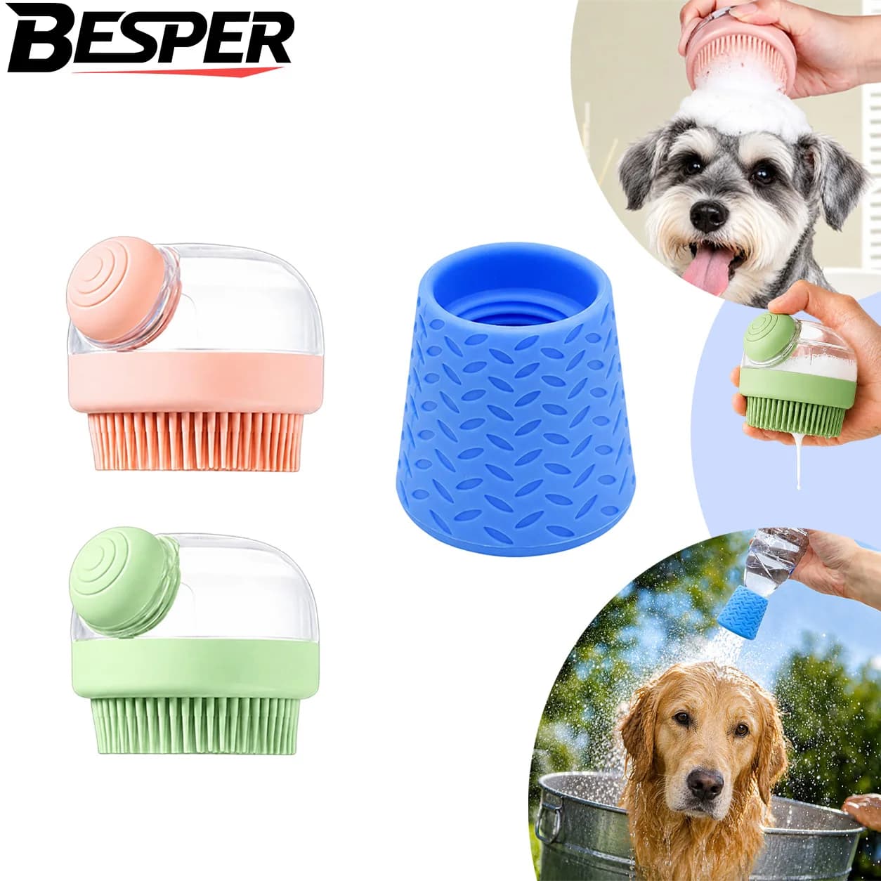 3PCS Portable Outdoor Shower Soft Silicone Pet Bath Brush with Shampoo Dispenser for Pet Grooming Hair Fur Cleaning