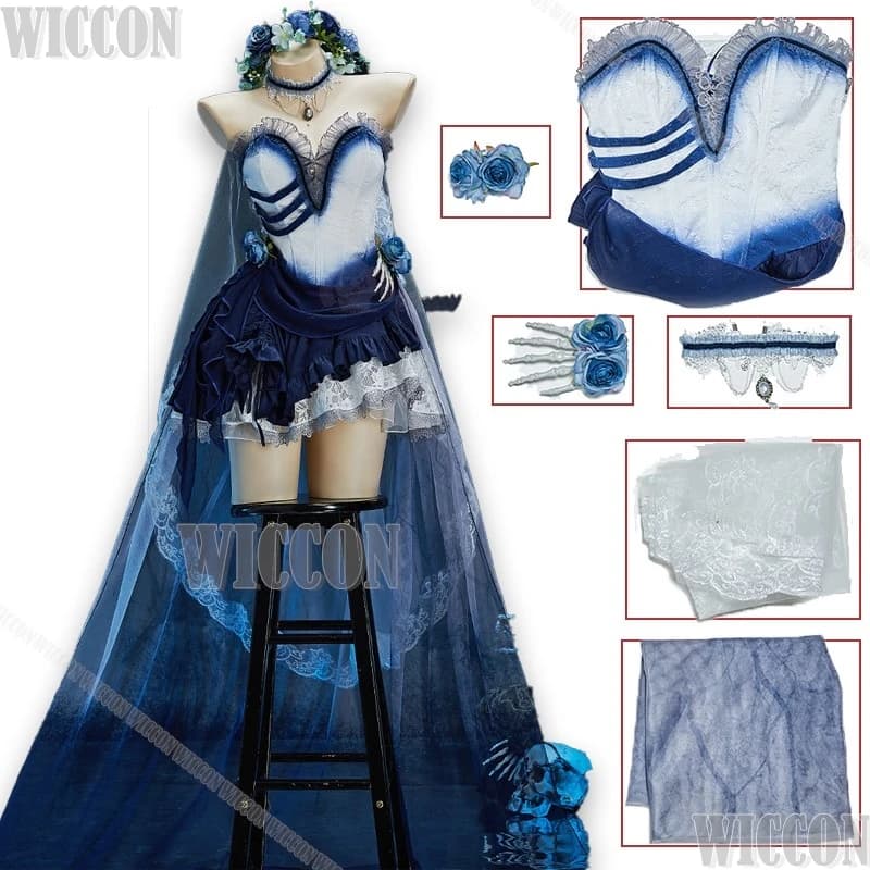Sposa cadavere Abito cosplay di Halloween Blu Ombre Gotico vittoriano Costume di pizzo Donna Anime Party Abito formale Cosplay di Natale