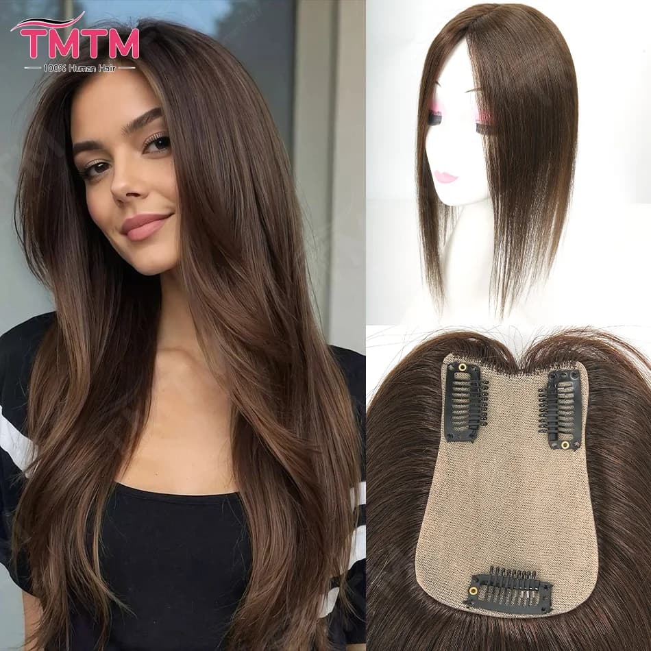 Topper per capelli umani lisci 7x11CM con 3 clip, colore castano naturale, in capelli Remy, per donna, 12 pollici, con clip, extension per capelli
