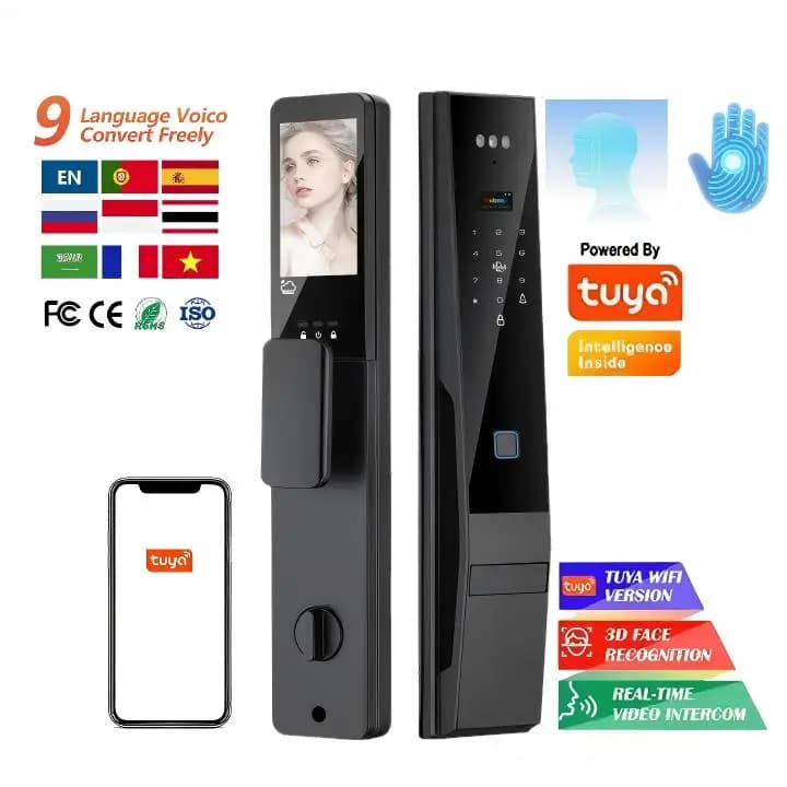 Tuya Smart Lock per la casa Riconoscimento facciale 3D Password automatica Interfono remoto in lega di alluminio Monitoraggio WiFi Chiave cloud in legno