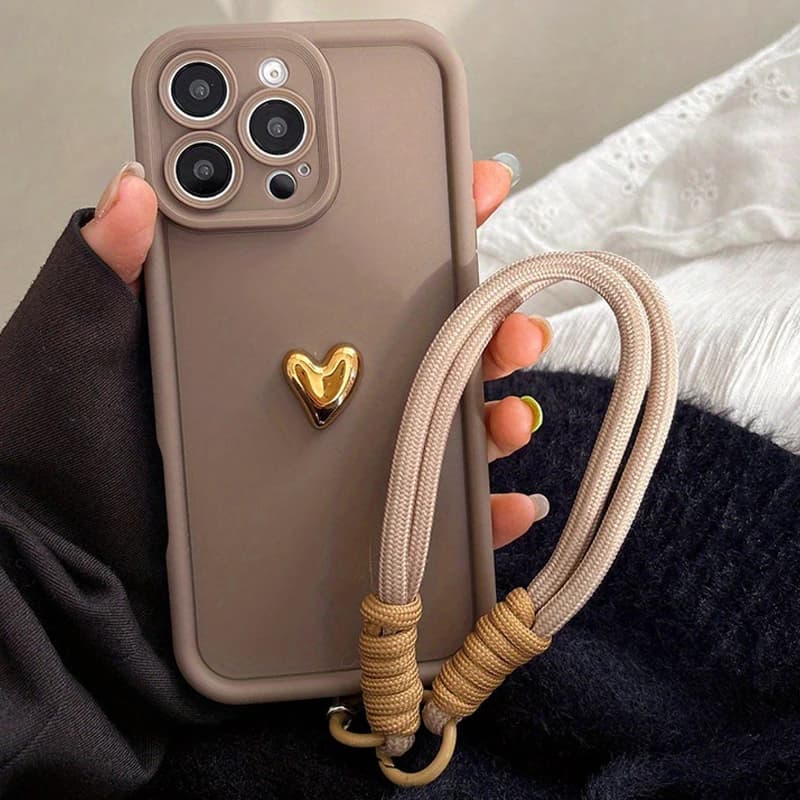 Carino coreano 3D Golden Love Heart Custodia morbida per iPhone 16 17 Pro Max 15 14 13 12 11 Pro 16E 7 8 Plus Catena da polso Hang Strap Cover