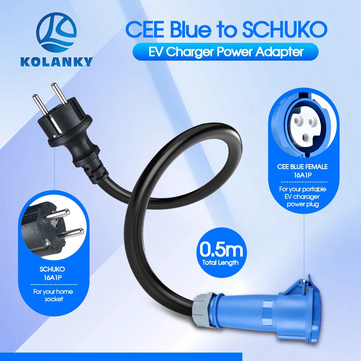 Adattatore di Ricarica per Veicoli Elettrici 7.2KW CEE Femmina Blu a 3.6KW EU Schuko Maschio 32A a 16A per Ricarica EV