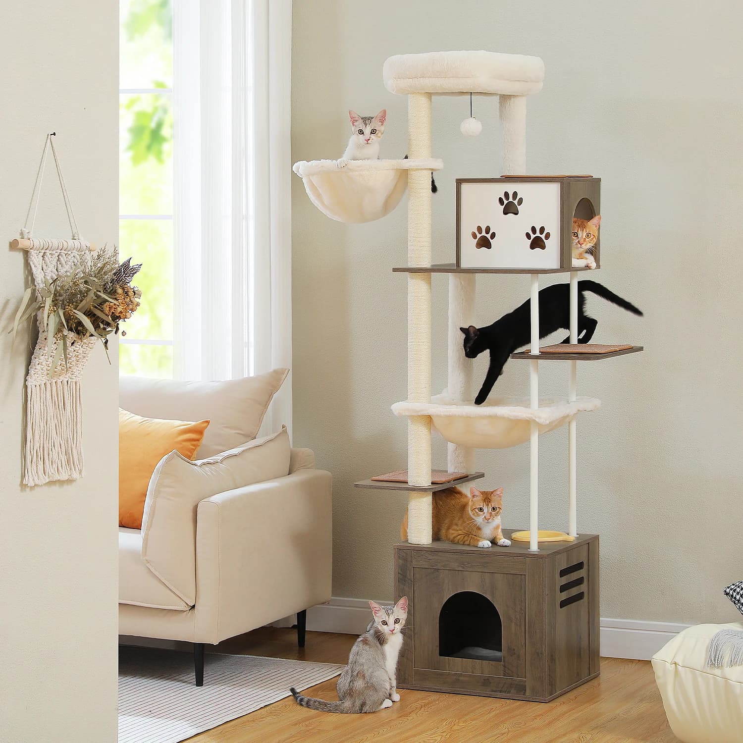 Mobili per gatti in legno da 74,8 pollici con tiragraffi, torre moderna per gatti con amache