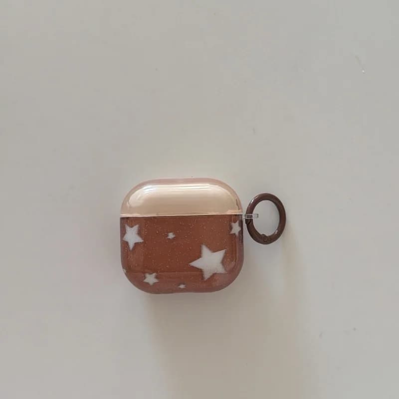 Custodia Protettiva Trasparente Marrone con Anello e Stelle Bianche per Auricolari Airpods Pro, Pro2, Pro3, 1, 2, 3, 4, Anti-caduta