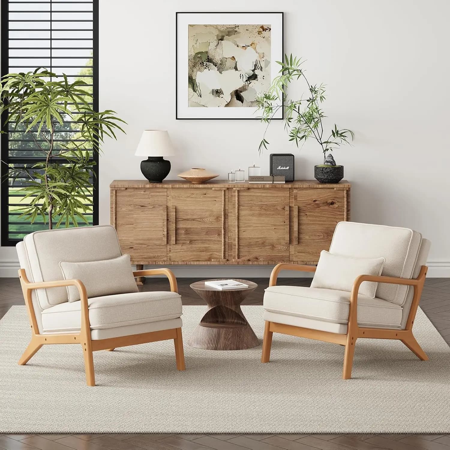 Set di 2 Poltrone MALOL Stile Mid-Century con Struttura in Legno Massello, Poltrona Relax da Lettura con Cuscino Lombare e Morbido Cuscino, Sedia per il Tempo Libero