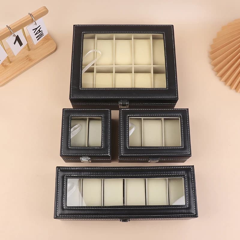 1Pc Black PU Leather Watch Box Display Case Organizer With Framed Glass Lid And Removable Pillow For Men And Women
