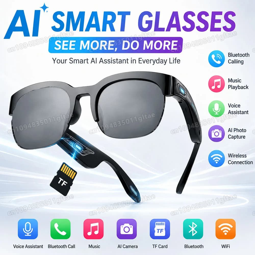 New AI Real-TimeTranslation Conversation Smart Glasses Bone-Conduction Music Playing Insert Cards 8K Bluetooth Smart Sunglass