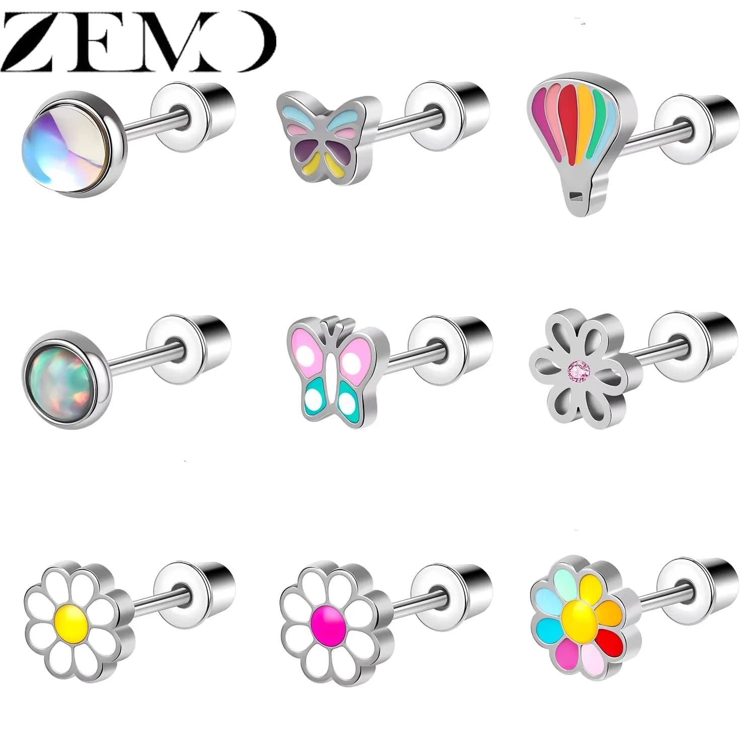 ZEMO 1 Piece 20G Colorful Flower Ear Studs Stainless Steel Women Girls Lovely Rainbow Stud Earrings Conch Tragus Helix Piercings