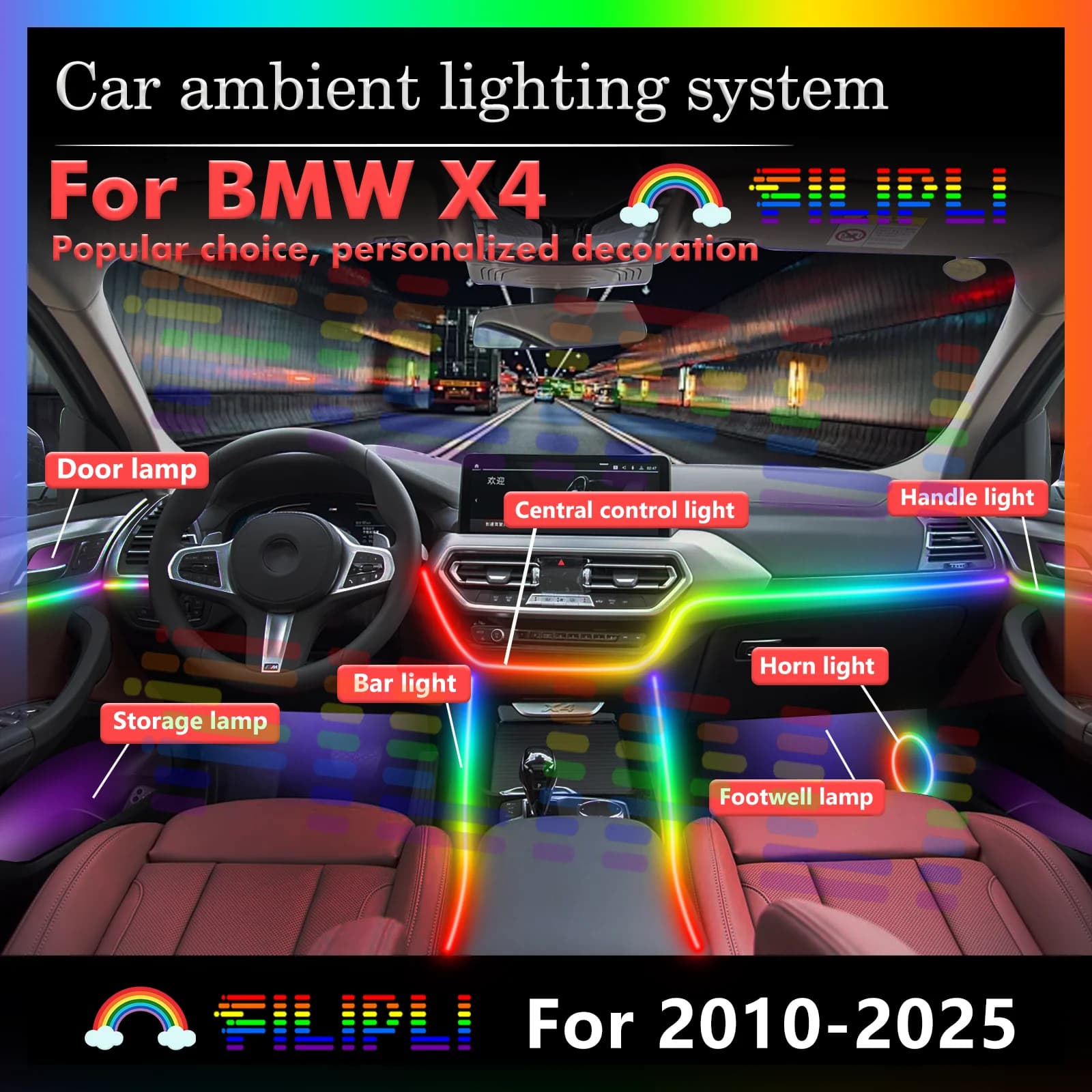 14 In1 for BMW X4 series F26 G02 Car LED Ambient Lamps Colorful Atmosphere Lights Auto Interior Neon Strip 64 RGB Lighting 12V
