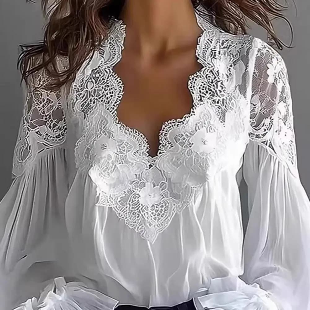 Nuova Collezione Primavera 2026: T-shirt da Donna con Inserti in Pizzo, Maniche Lunghe a Sbuffo e Dettagli Plissettati, Camicetta Semplice con Scollo a V per Signore