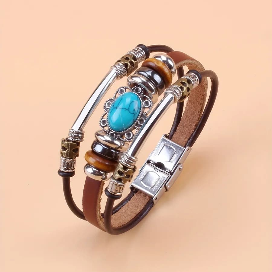Vintage Style Green Turquoise Beaded Faux Leather Stainless Steel Buckle Bracelet, Suitable for Daily Wear