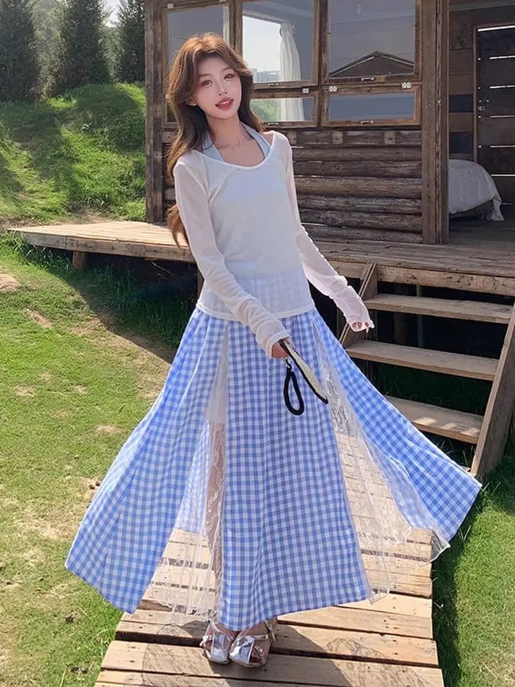 Blue Gentle Wind Set Long Sleeve T-Shirt Hanging Neck Vest Summer New Style Pure Color Casual Small Audience Halter Sunscreen...