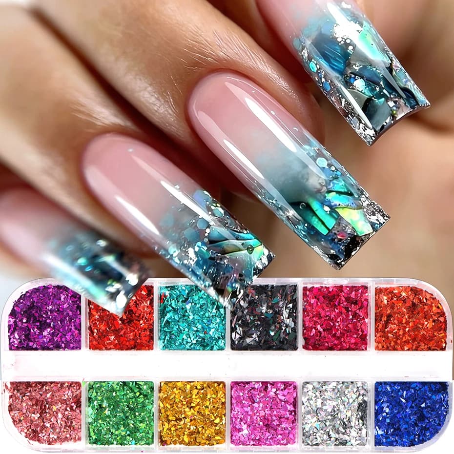 12 Griglie di Fiocchi Irregolari per Unghie, Glitter Olografico Argento e Oro, Fiocchi di Lamina Spezzata per Decorazioni Nail Art e Manicure