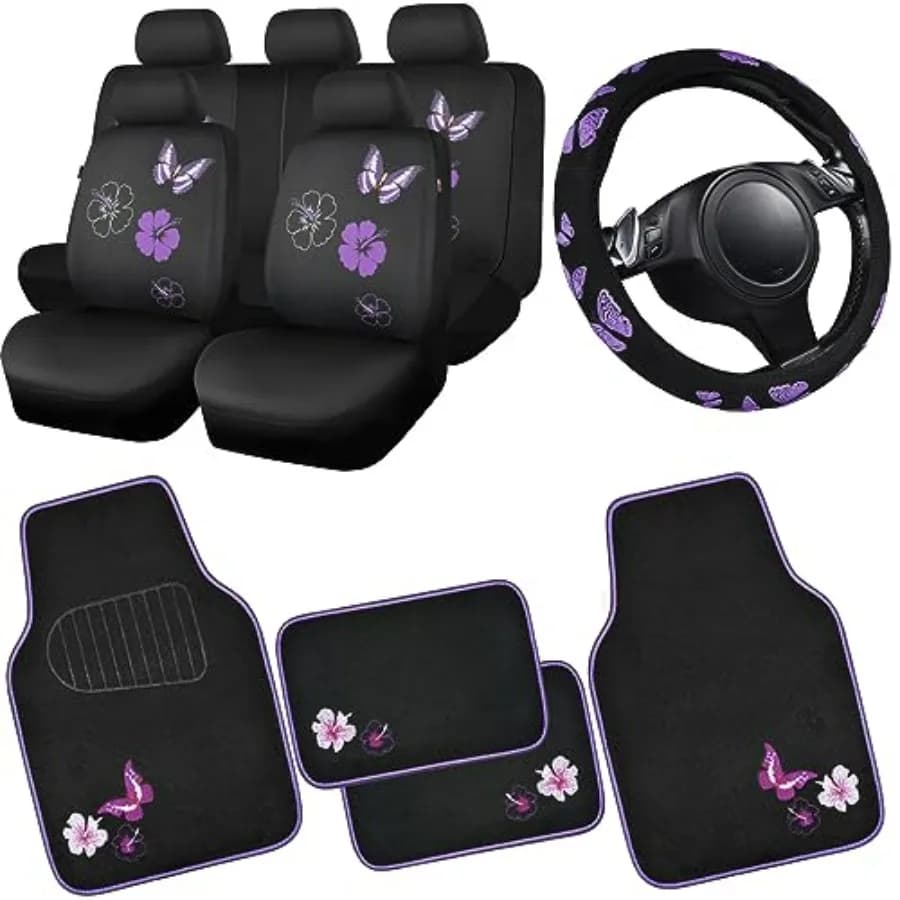 Universal Fabric Covers with Butterfly, Complete Set, Waterproof Car Mats Embroidered with Flowers, Flyer with Butterflies