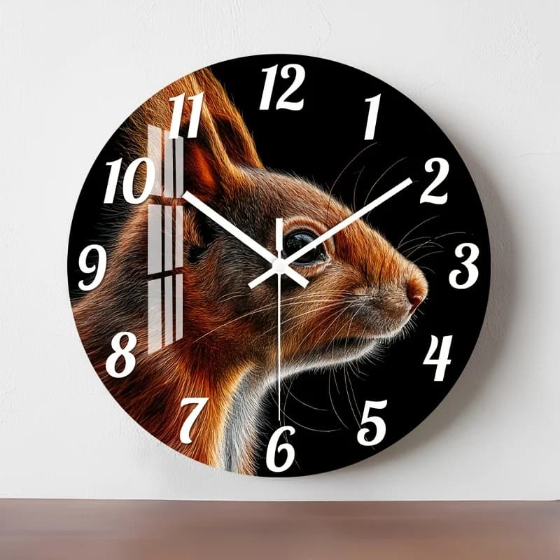 Orologio da parete silenzioso 1 pezzo | Orologio Circolare Decorativo in Legno Silenzioso con Finitura Lucida HD, Ritratto Ravvicinato di un Scoiattolo Rosso