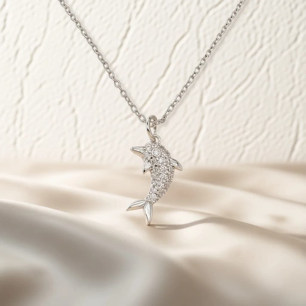 Vivid Dolphin Shape Pendant Necklace Fully Micro Paved Zircon Ocean Themed Jewelry Birthday Holiday Surprise Presents for Ladies