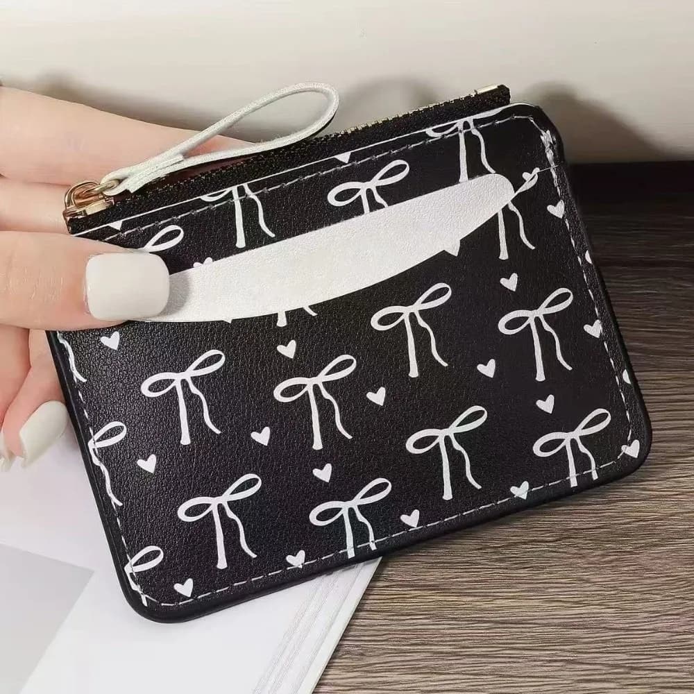 Simple PU Leather Bow Wallet Multi-card Slot Zipper Short Card Bag Coin Purse Storage Card Holder Travel