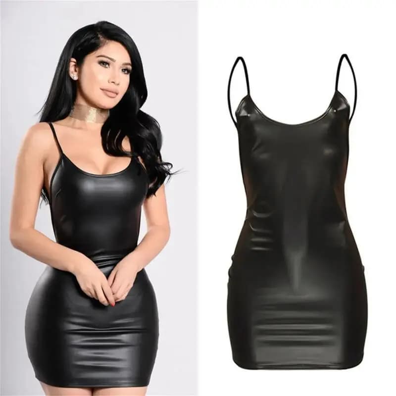 Hot Sell Plus Size Black Faux Leather Cami Dress Sleeveless Backless Bodycon Mini Dress For CosPlay Party Halloween In Stock